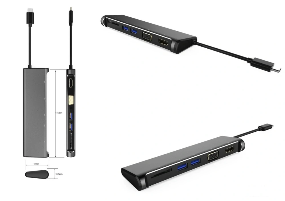 PremiumCord Převodník USB-C na 4K HDMI+1080p VGA+SD Card+2xUSB3.0  (5-in-1)