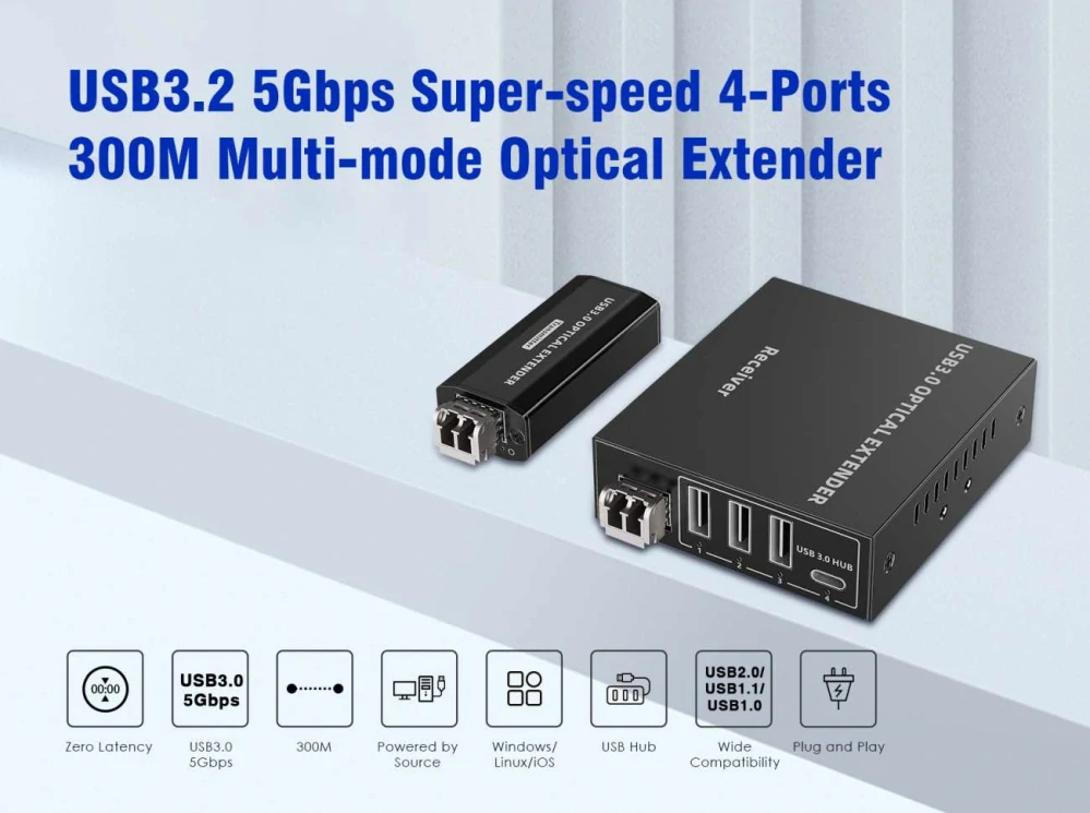 PremiumCord USB 3.2  5Gbps Super-speed 4-portový 150m Multi-mode optický extender