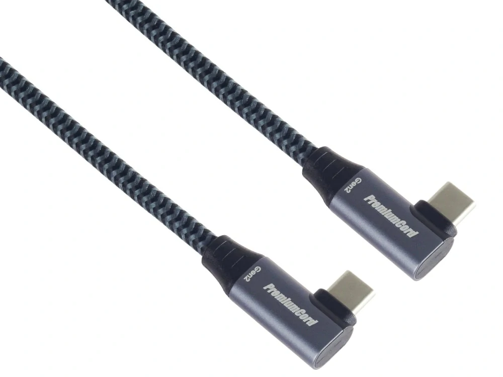 PremiumCord USB-C 2x zahnutý kabel ( USB 3.2 GEN 2x2, 5A, 100W, 20Gbit/s ) bavlněný oplet, 3m