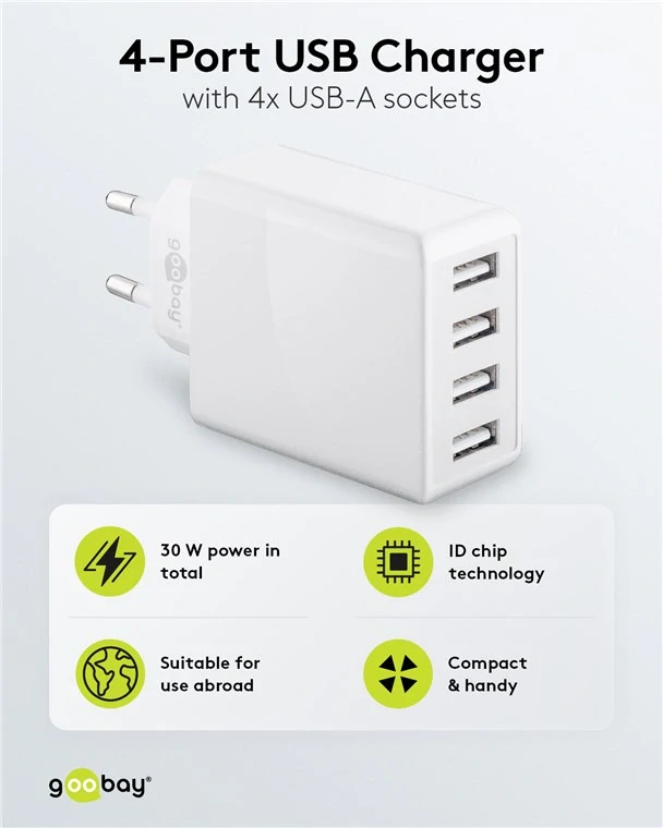 goobay 4 portový nabíječ (30 W) 4x USB-A porty, bílý
