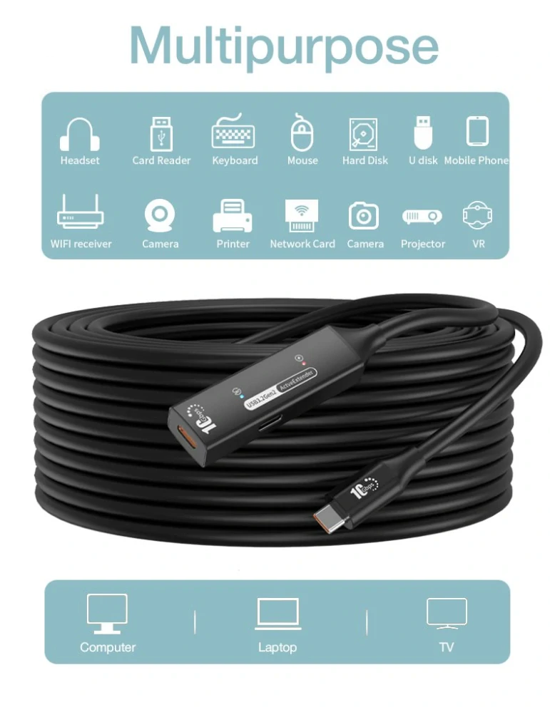 PremiumCord USB-C 3.2 Gen 2 repeater a prodlužovací kabel Male-Female, 10Gbps Aluminium 10m