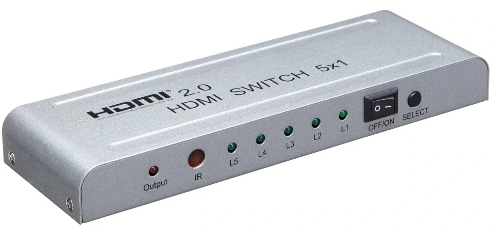 PremiumCord 4Kx2K@60Hz HDMI switch 5:1 kovový s dálkovým ovladačem a napájecím adaptérem