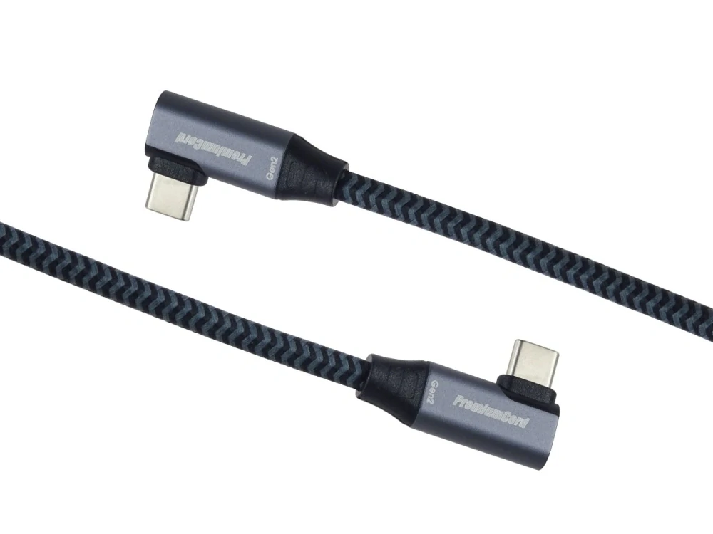 PremiumCord USB-C 2x zahnutý kabel ( USB 3.2 GEN 2x2, 5A, 100W, 20Gbit/s ) bavlněný oplet, 1m