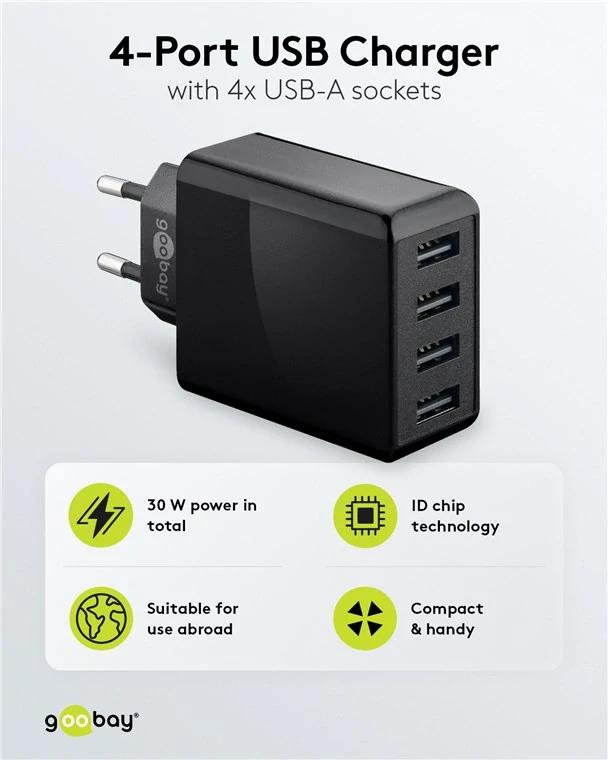 goobay 4 portový nabíječ (30 W) 4x USB-A porty, černý