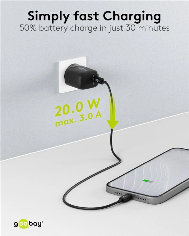 goobay Napájecí a nabíjecí adaptér 230V na USB-C PD (QUICK charge) 20W, černá