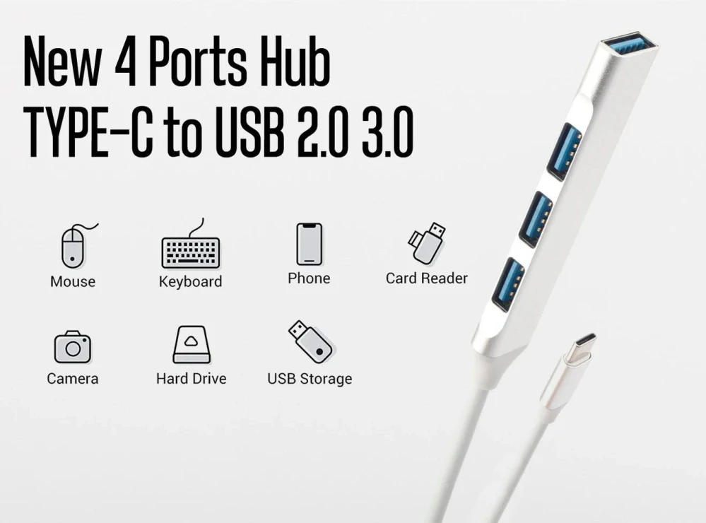 PremiumCord Hub USB-C na USB3.2 A + 3x USB2.0 A, SuperSpeed 5Gbps, hliníkové pouzdro