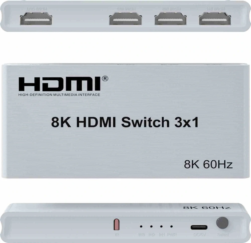 PremiumCord 8K@60Hz, 4K@144Hz HDMI switch 3:1 s dálkovým ovladačem