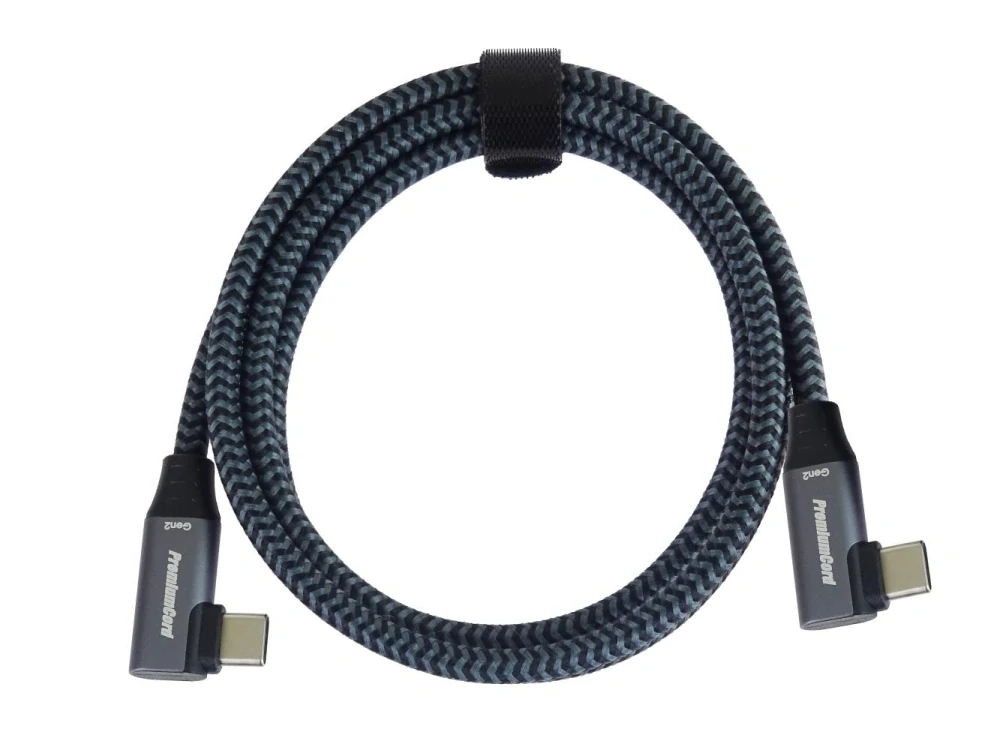 PremiumCord USB-C 2x zahnutý kabel ( USB 3.2 GEN 2x2, 5A, 100W, 20Gbit/s ) bavlněný oplet, 1m