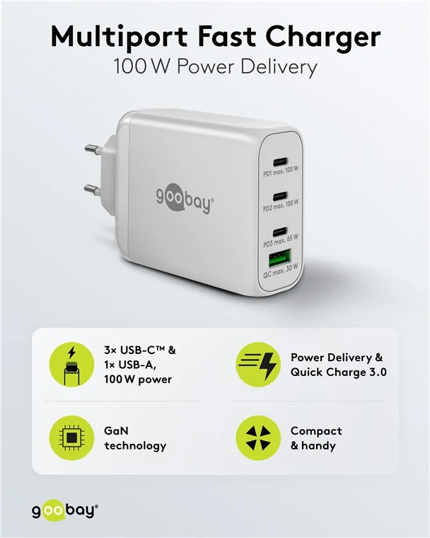 goobay Napájecí rychlonabíječka USB-C™ PD GaN (100 W) bílá 3x porty USB-C™ (Power Delivery) a 1x port USB-A