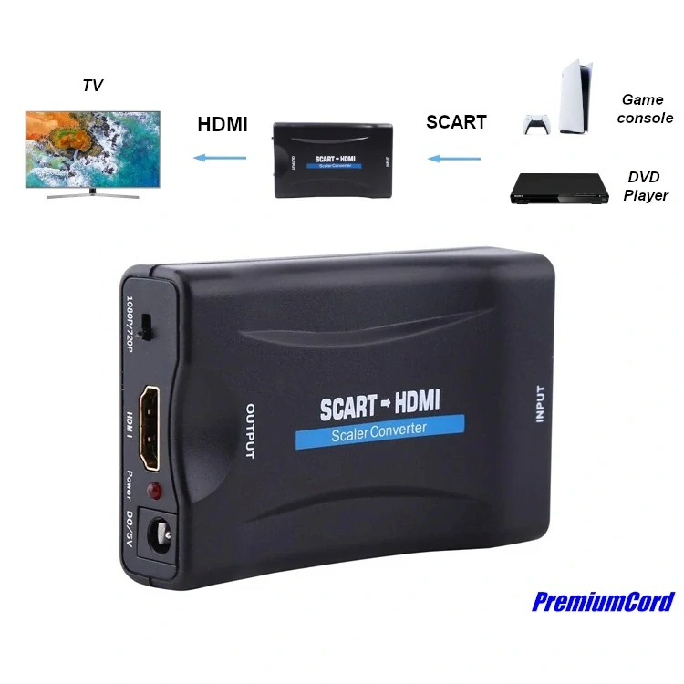 PremiumCord Převodník SCART na HDMI 1080P s napájecím zdrojem 230V