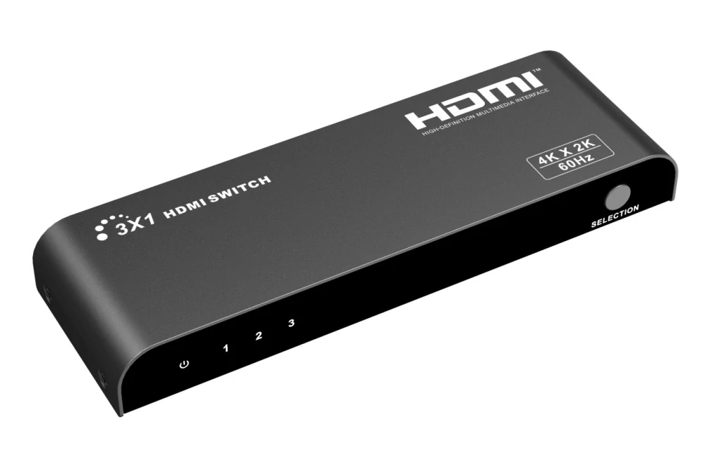 PremiumCord 4Kx2K@60Hz HDMI switch 3:1 kovový s dálkovým ovladačem a napájecím adaptérem
