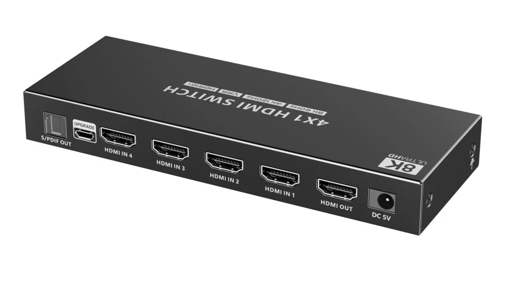 PremiumCord HDMI switch 4:1 s podporou rozlišení 8K@60Hz,4K@120Hz, 1080P, HDR, s ovládáním tlačítkem a dálkovým ovladačem
