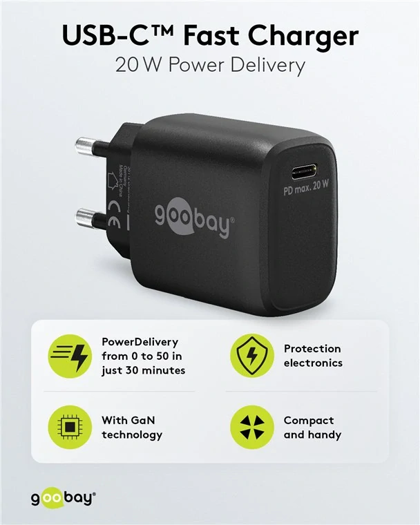 goobay Napájecí a nabíjecí adaptér 230V na USB-C PD (QUICK charge) 20W, černá