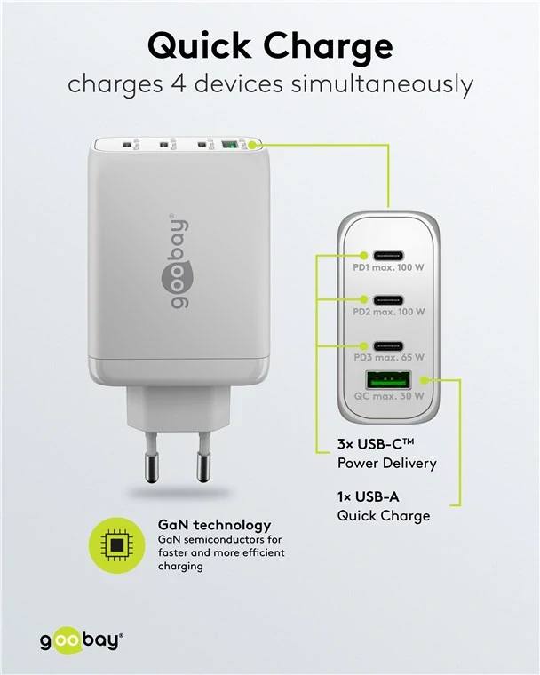 goobay Napájecí rychlonabíječka USB-C™ PD GaN (100 W) bílá 3x porty USB-C™ (Power Delivery) a 1x port USB-A